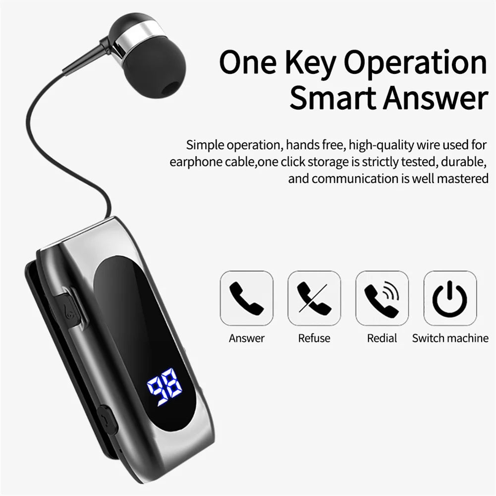 K55 Mini Headset Bluetooth Lavalier Retractable Single Earphone Multifunction Clip Earbuds LED Digital Display for Driving Sport ShopOnlyDeal