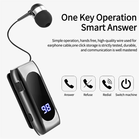 K55 Mini Headset Bluetooth Lavalier Retractable Single Earphone Multifunction Clip Earbuds LED Digital Display for Driving Sport ShopOnlyDeal