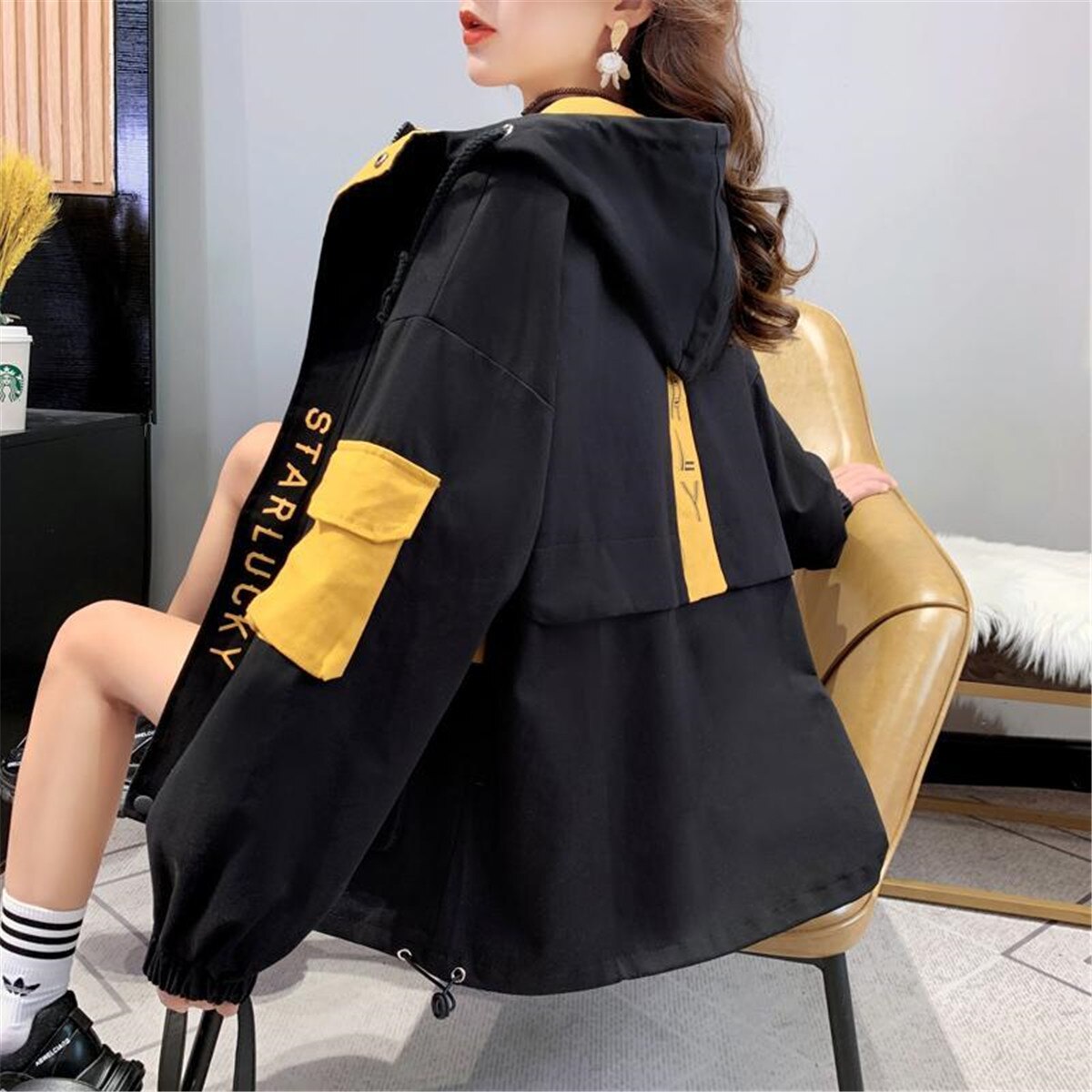 Fashion Spring Hoodie Women Harajuku Kpop Jacket Loose Hip Hop Tops Autumn Yellow Hooded Sweatshirt Zip Up Hoodie Streetwear ShopOnlyDeal