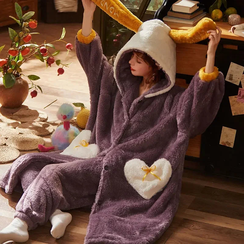 Pajama Sets Women Kawaii Flannel Warm Animal-ears Hat Loose Sleepwear Comfort Winter Thick Sweet Students Pajamas Long Sleeve ShopOnlyDeal