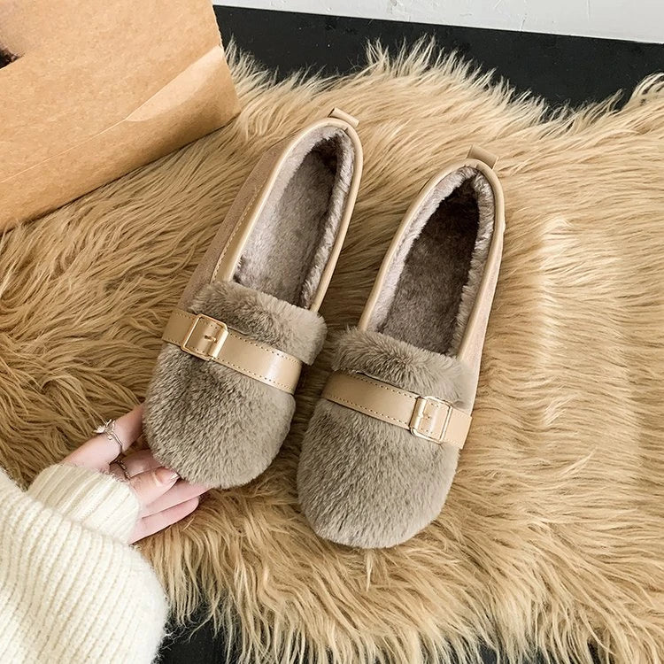 2024 Fluffy Mink Fur Moccasins Woman Belt Buckle Loafers Furry Shoes Ladies Winter Cotton Flats Mujer Daily Shoes Barefoot Boots ShopOnlyDeal