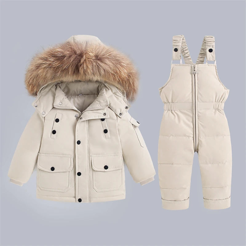 -30Degree Russia 2Pcs Set Children Winter Down Jacket and Jumpsuit Thicken Boy Girls Ski Suit Real Fur Collar Warm Kids Snowsuit ShopOnlyDeal