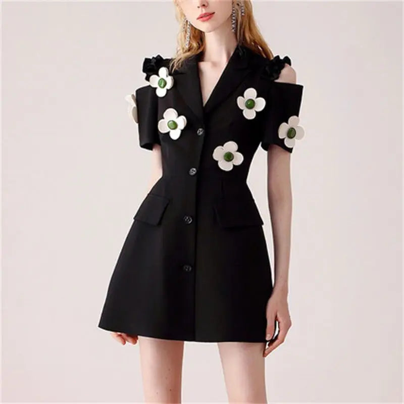 Summer New Fashion Short Sleeve Mini Dress for Women | High Street Casual Button Hollow Out Prom Dresses | Floral Patchwork ShopOnlyDeal