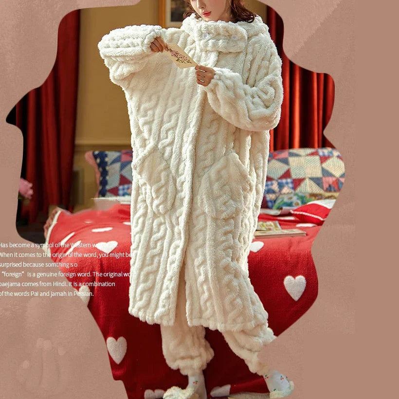 Pajama Sets Women Kawaii Flannel Warm Animal-ears Hat Loose Sleepwear Comfort Winter Thick Sweet Students Pajamas Long Sleeve ShopOnlyDeal