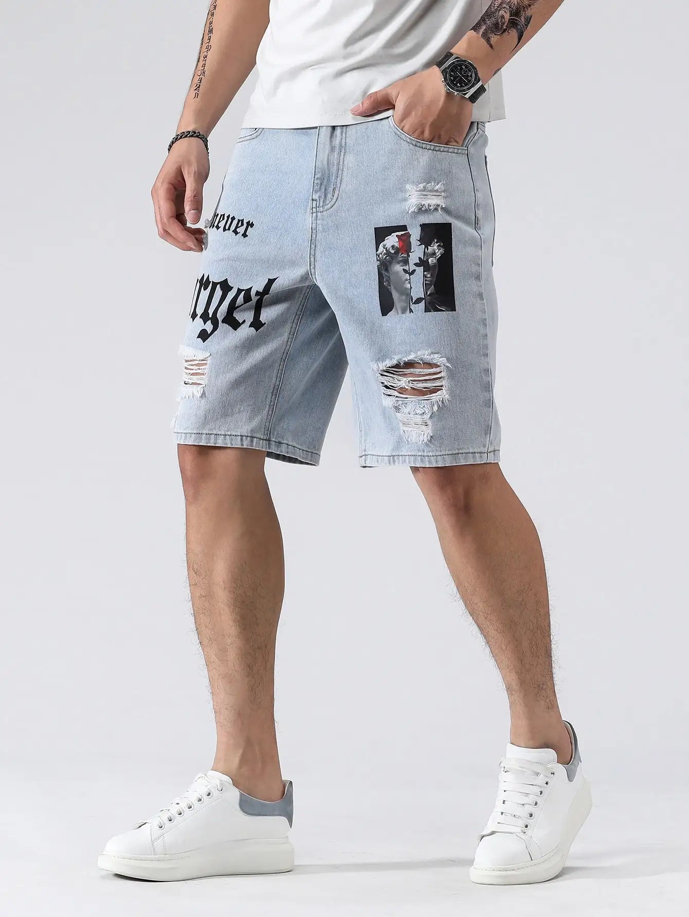 Men Summer Stretchy Denim Shorts Jeans For Men Streetwear Letter Ripped Knee length Baggy Comfort Cargo Casual Shorts Pants Jean ShopOnlyDeal