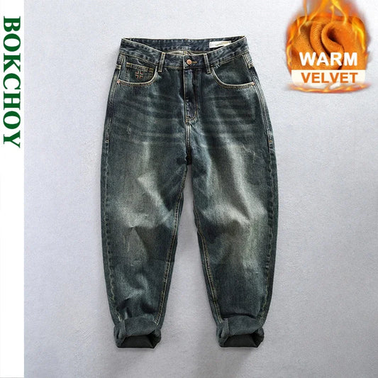 Autumn New Vintage Thicked Velvet Cargo Jeans for Men Clothing Soft Cotton Men Zipper Joggers Men Pants K1027V ShopOnlyDeal