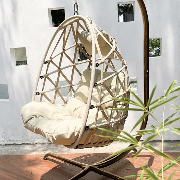 Swing Egg Chair with Stand - Indoor Outdoor Wicker Rattan Patio Hanging Chair with C Type Bracket, Cushion, and Pillow ShopOnlyDeal