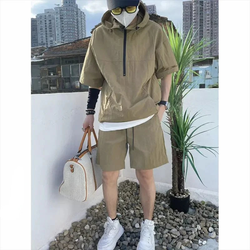 Summer Cargo Style Set | Men's Casual Hooded Solid Short Sleeve T-shirt | Shorts Loose Fashion | High-Quality Handsome Sweatshirt Suit ShopOnlyDeal