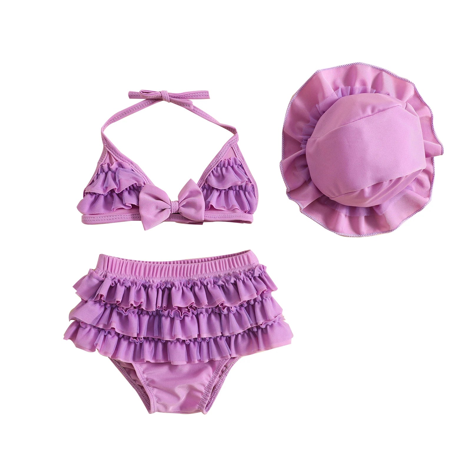 Toddler Baby Girls Summer Swimwear Bikini Set Lovely Babies Halter Neck Tops + Layered Ruffle Shorts + Hat Swimsuit Sets ShopOnlyDeal