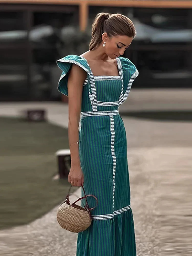 Vintage Square Collar Patchwork Maxi Dress for Women 2024 | High Waist Fly Sleeve Dresses | Elegant Summer Chic Beach Long Dress ShopOnlyDeal