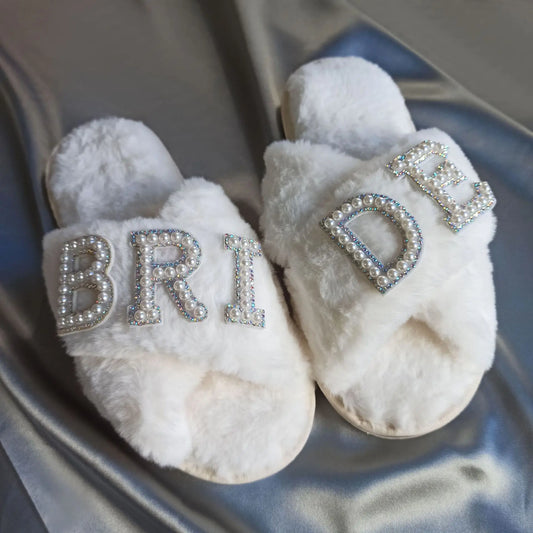 BRIDE Plush Slippers WIFEY I DO Home Shoes Creative Luxury Pearl Bridesmaid Wedding Supplies Decoration Valentine's Day Gift ShopOnlyDeal