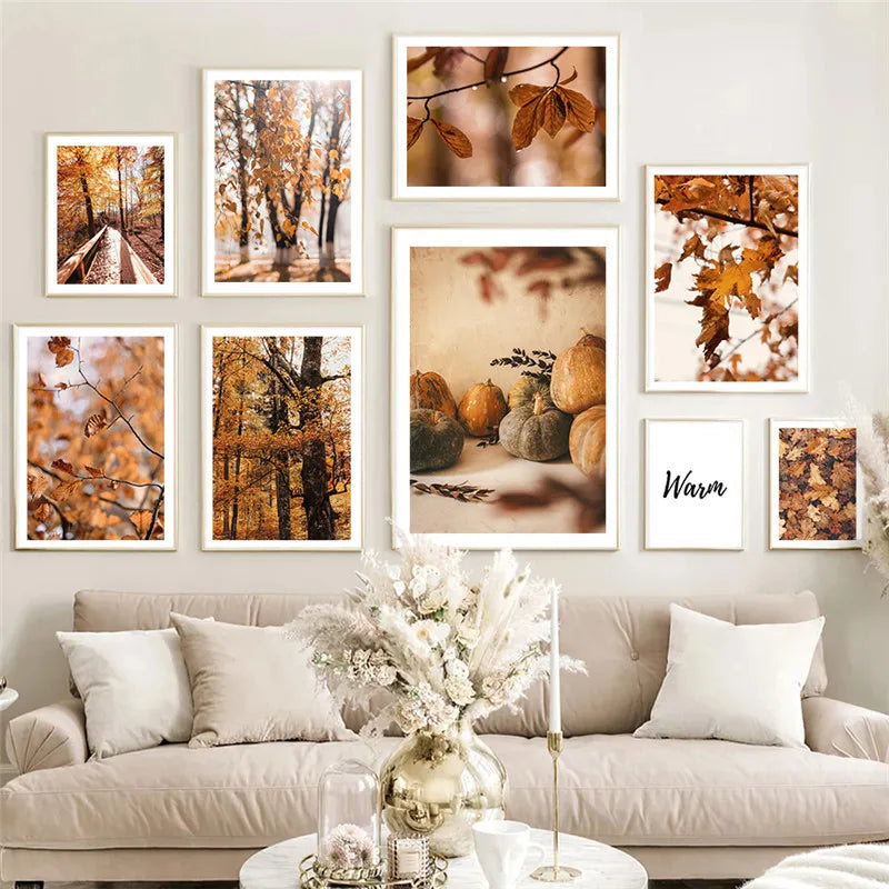 Autumn Scenery Pumpkin Leaves Poster Canvas Painting Maple Leaf Natural Landscape Wall Art Living Room Decoration Home Decor ShopOnlyDeal