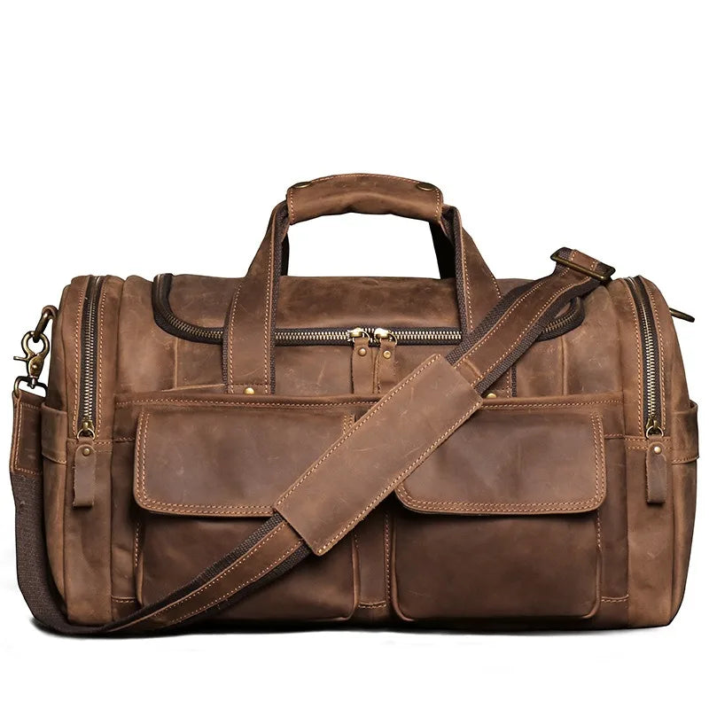 Men's Retro Brown Hand Luggage Bag Quality Crazy Horse Leather Large Capacity Travel Bag Business Weekend Shoulder Messenger Bag ShopOnlyDeal