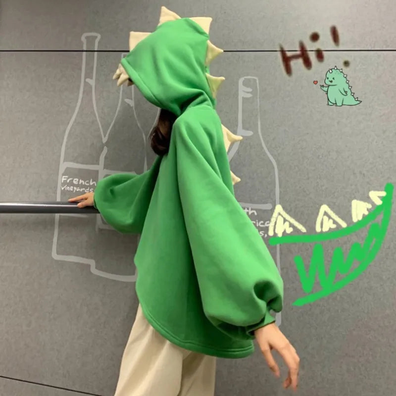 Autumn Women Cartoon Dinosaur Horn Cap Hoodies Harajuku Sweatshirts Cute Front Short Back Long Pullover Casual Loose Tracksuit ShopOnlyDeal