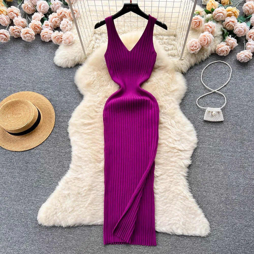 Chic Fashion Sexy Wrap Hips Split Knitted Autumn Dress Women Slim Elastic Bodycon Long Dress Streetwear Outfits Vestido ShopOnlyDeal