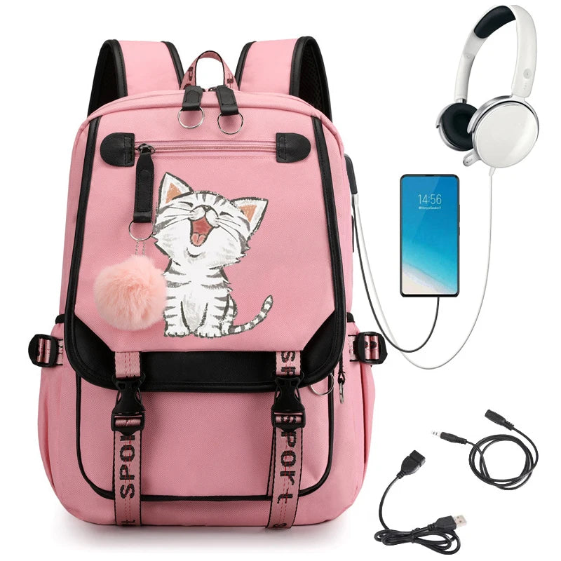 Travel Backpack Kawaii Cat Print | Schoolbag with USB Charging | Large Capacity Laptop Waterproof Bookbag | Fashion Backpack Bags ShopOnlyDeal