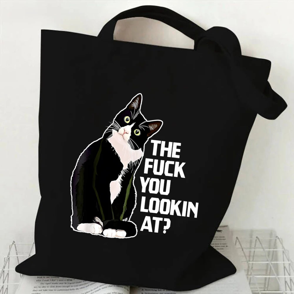 New Cat Series Women Tote Bags Cute Cow Cat Print Canvas Eco Handbag High Capacity Harajuku Fashion Cat Lovers Teen Shoulder Bag ShopOnlyDeal