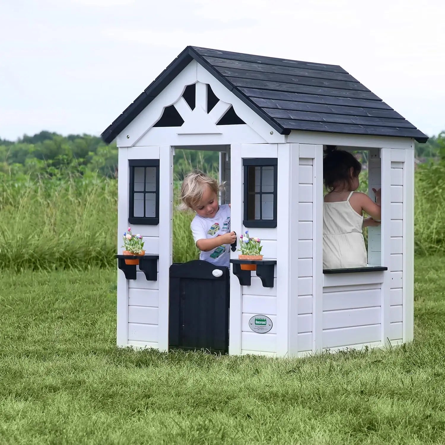 Sweetwater All Cedar White Modern Outdoor Wooden Playhouse, Cottage, Sink, Stove, Windows, Kitchen with Pot ShopOnlyDeal