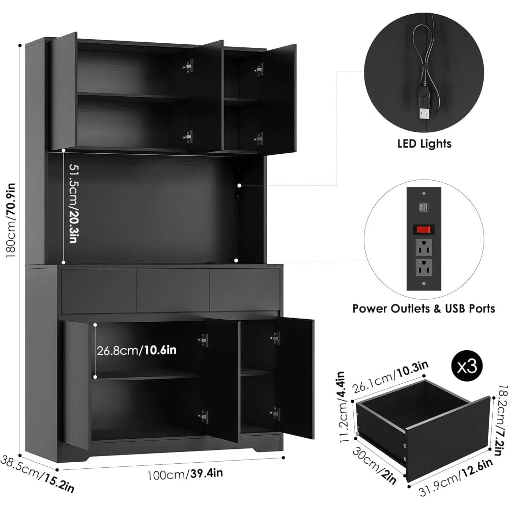 71'' Tall Kitchen Pantry Storage Cabinet with Power Outlets and Led Lights, Large Kitchen Hutch Buffet Cabinet ShopOnlyDeal