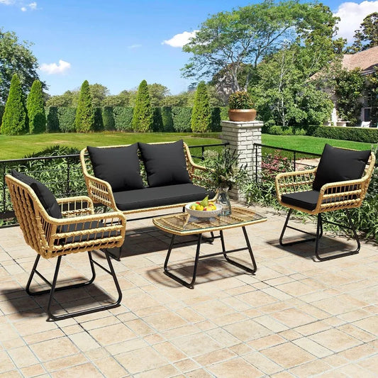 4 Piece Patio Furniture Wicker Outdoor Bistro Set | Rattan Loveseat with Upholstery and Metal Table ShopOnlyDeal