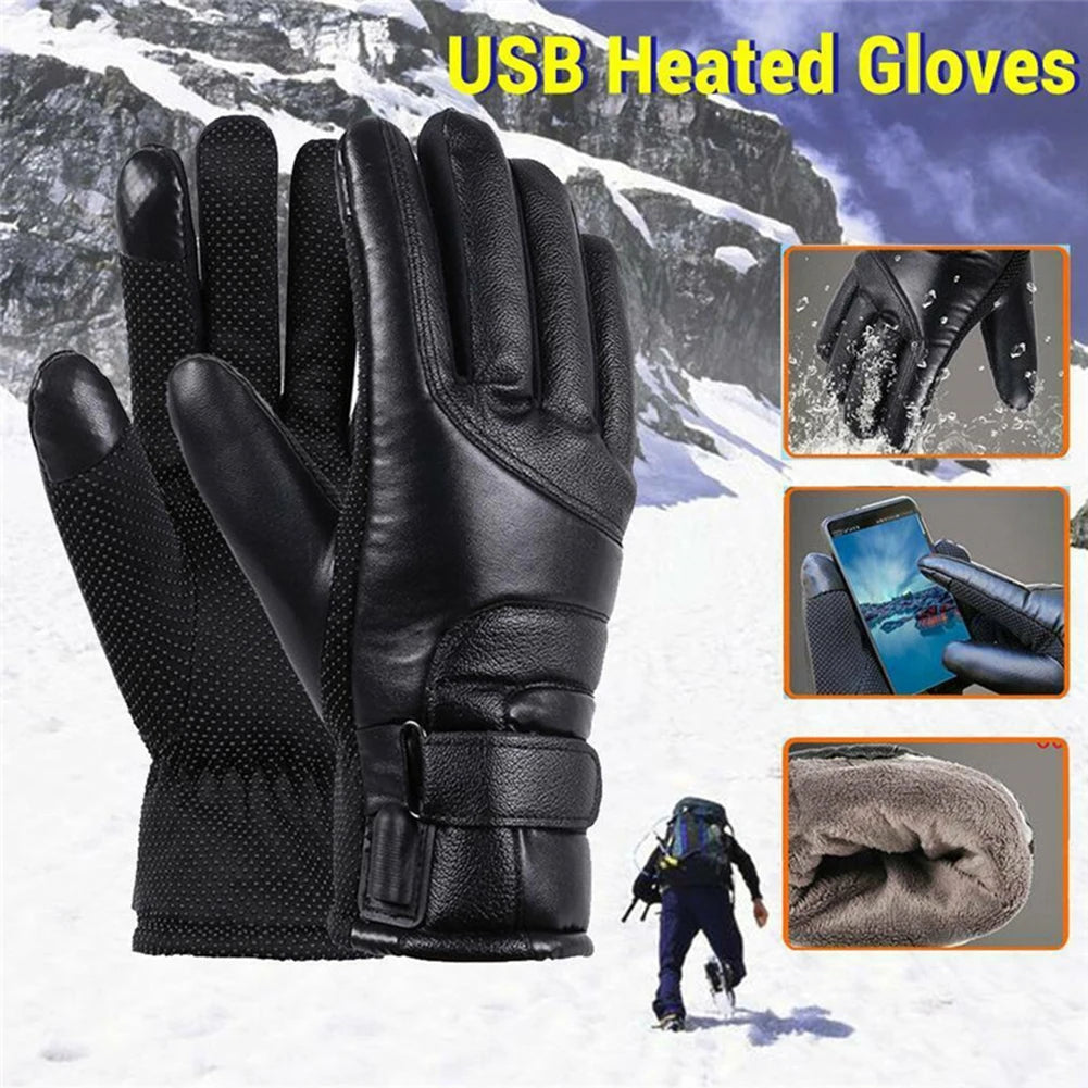 USB Winter Electric Warming Gloves Waterproof Leather Heating Gloves Soft Winter Outdoor Warm Gloves for Fishing Riding Cycling ShopOnlyDeal