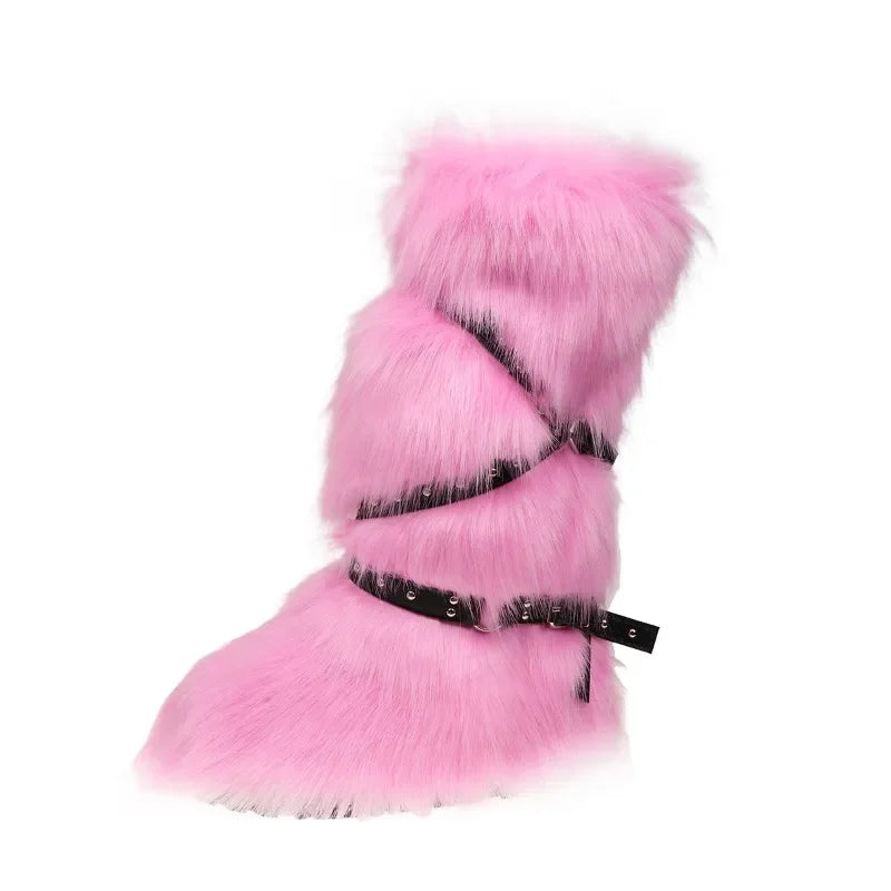 Y2K Grommet PU Leather Belt Fluffy Faux Fur Women's Bootos 2024 Winter Fashion Warm Platform Knee High Snow Boots Fuzzy Shoes ShopOnlyDeal