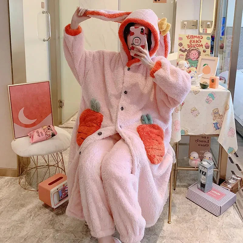 Pajama Sets Women Kawaii Flannel Warm Animal-ears Hat Loose Sleepwear Comfort Winter Thick Sweet Students Pajamas Long Sleeve ShopOnlyDeal