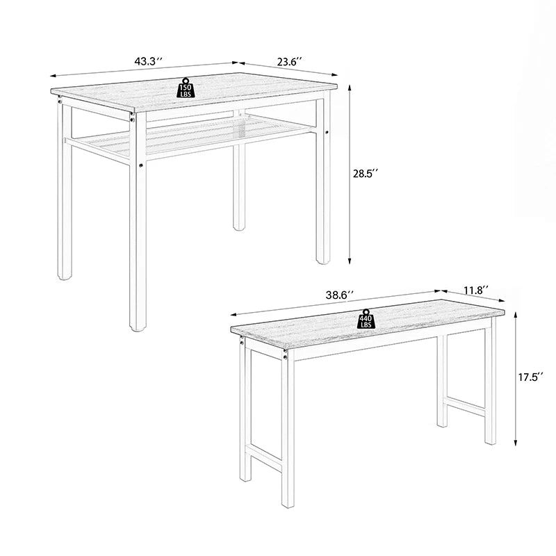 3 Pieces Farmhouse Kitchen Table Set with Two Benches, Metal Frame and MDF Board  ShopOnlyDeal