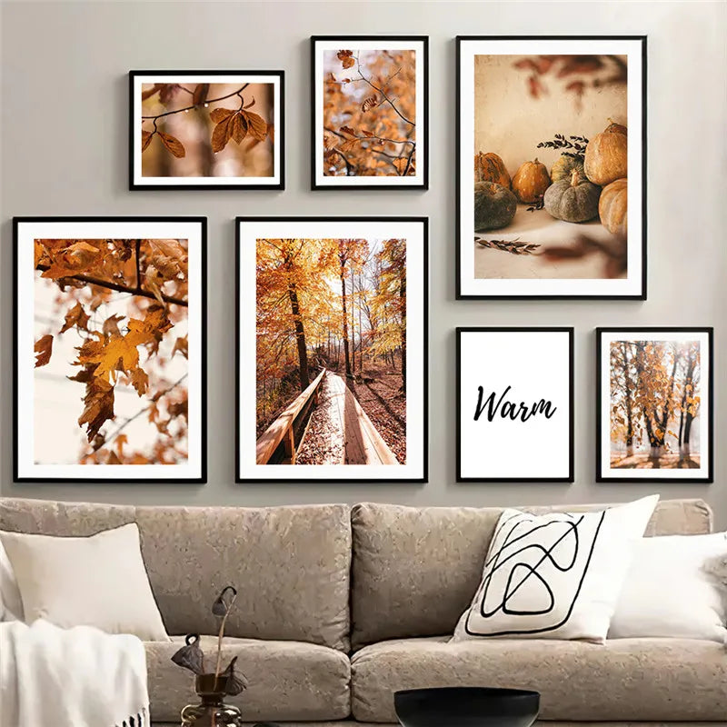 Autumn Scenery Pumpkin Leaves Poster Canvas Painting Maple Leaf Natural Landscape Wall Art Living Room Decoration Home Decor ShopOnlyDeal