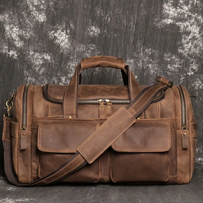 Men's Retro Brown Hand Luggage Bag Quality Crazy Horse Leather Large Capacity Travel Bag Business Weekend Shoulder Messenger Bag ShopOnlyDeal