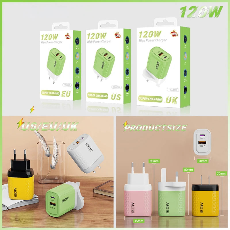 120W Charger Fast Quick Charging PD QC 3.0 USB Type C Charger Fast Charging EU/US/UK Plug Adapter For iphone 15 Samusng S23 120W ShopOnlyDeal