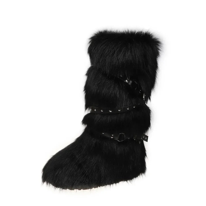 Y2K Grommet PU Leather Belt Fluffy Faux Fur Women's Bootos 2024 Winter Fashion Warm Platform Knee High Snow Boots Fuzzy Shoes ShopOnlyDeal