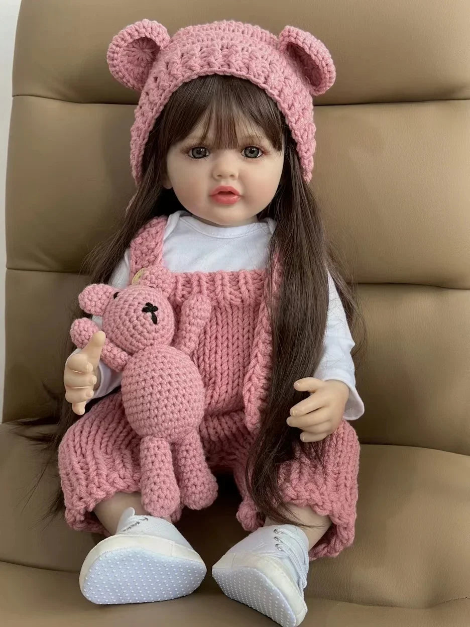 BZDOLL 55cm 22inch Lifelike Reborn Baby Girl Doll Soft Silicone Long Brown Hair Realistic Princess Toddler Bebe Birthday Gift ShopOnlyDeal