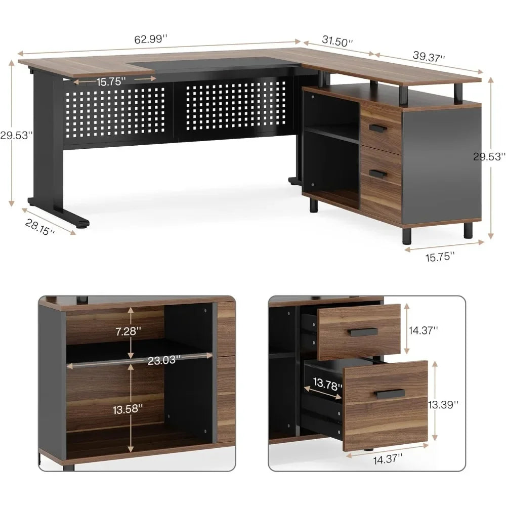 63 Inch Executive Desk with File Cabinet, Large Office Desk L Shaped Computer Desk with Drawers and Storage Shelves ShopOnlyDeal