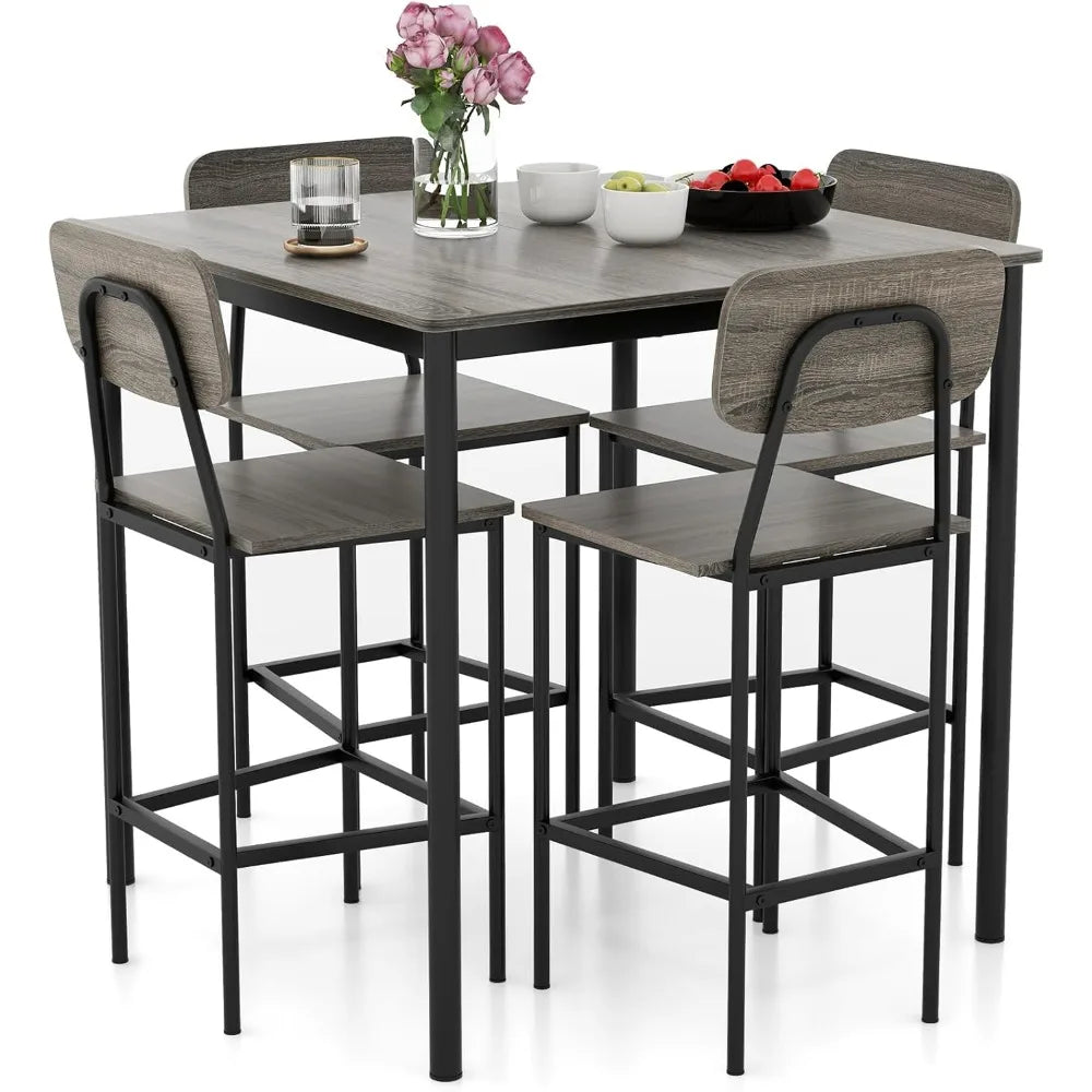 5-Piece Dining Table Set W/Counter Height Table & 4 Bar Stools, Modern Kitchen Dining Set W/Footrest & Backrest ShopOnlyDeal