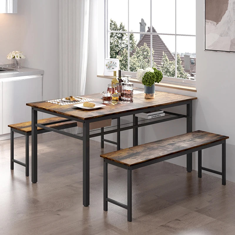 3 Pieces Farmhouse Kitchen Table Set with Two Benches, Metal Frame and MDF Board  ShopOnlyDeal