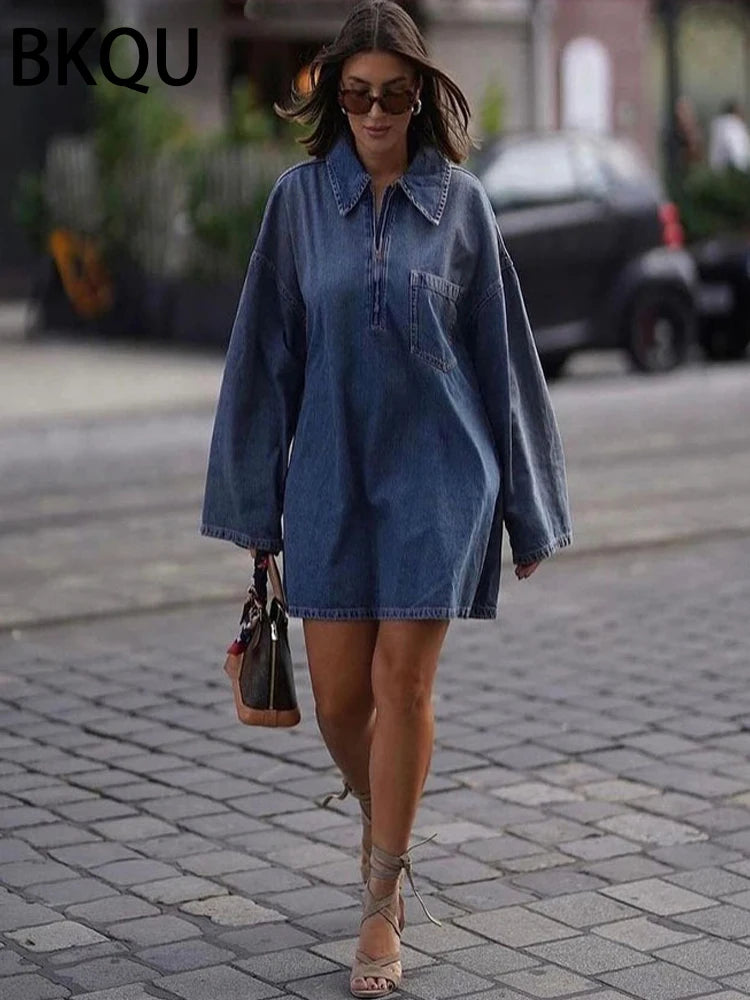 Mini Dress Women A-Line Denim Dresses | Casual All-Match Lapel Long Sleeve Zip Loose Female Streetwear Cowboy Dress ShopOnlyDeal