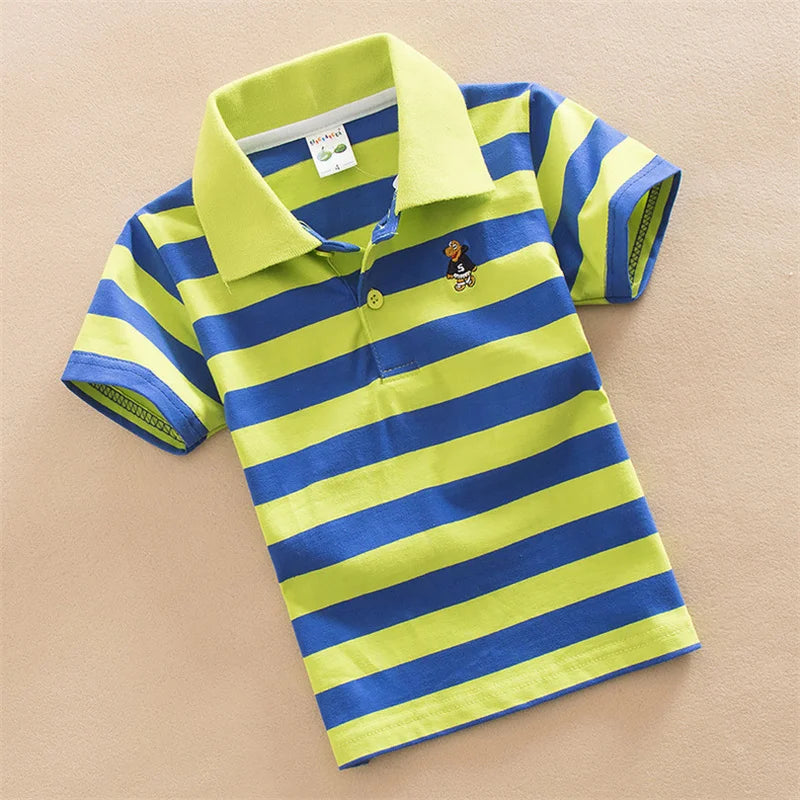 Summer Tee for Boys | Striped Short Sleeve Polo with Cartoon Bear Embroidery | Breathable Kids' Top for Children & Teens ShopOnlyDeal