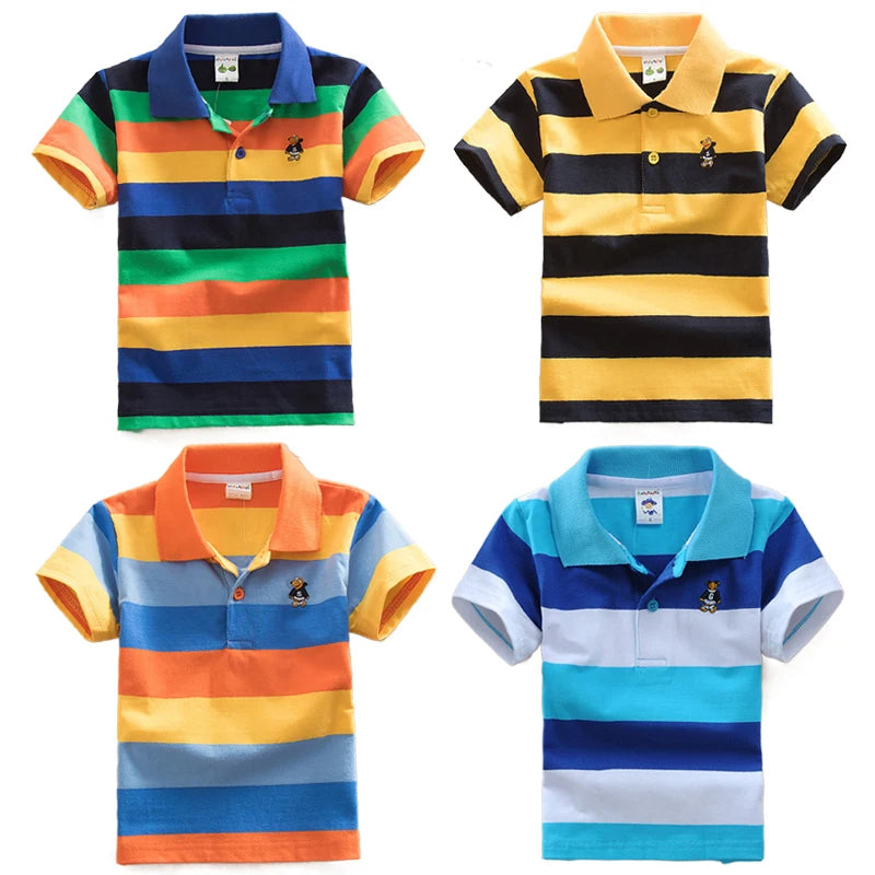 Summer Tee for Boys | Striped Short Sleeve Polo with Cartoon Bear Embroidery | Breathable Kids' Top for Children & Teens ShopOnlyDeal