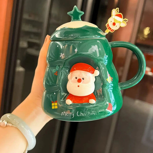 Ceramic water mug Creative Christmas Tree High appearance level Cartoon Santa Claus Coffee mug gift box with lid and spoon ShopOnlyDeal