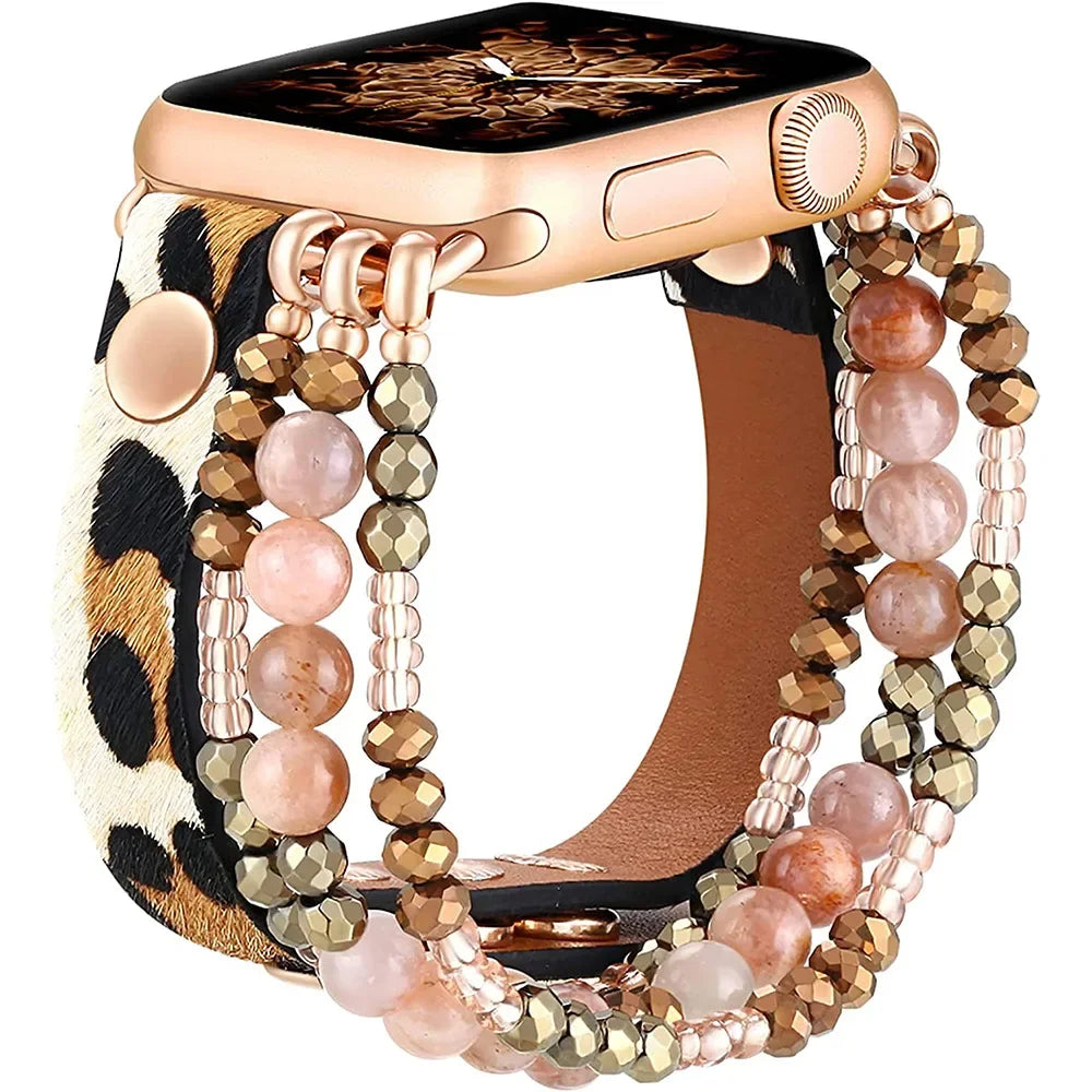 Leather Strap For Apple Watch Ultra 2 Band 49mm 40mm 38mm 41mm Women Elastic Beaded Bracelet Iwatch Series 9 8 7 6 SE 5 4 3 45mm ShopOnlyDeal