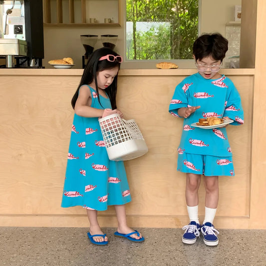 Brother and Sister Clothes 2024 Summer New Korean Alphabet Graffiti Girl's Long T-shirt Dress Or Boy's Two Piece Suit ShopOnlyDeal