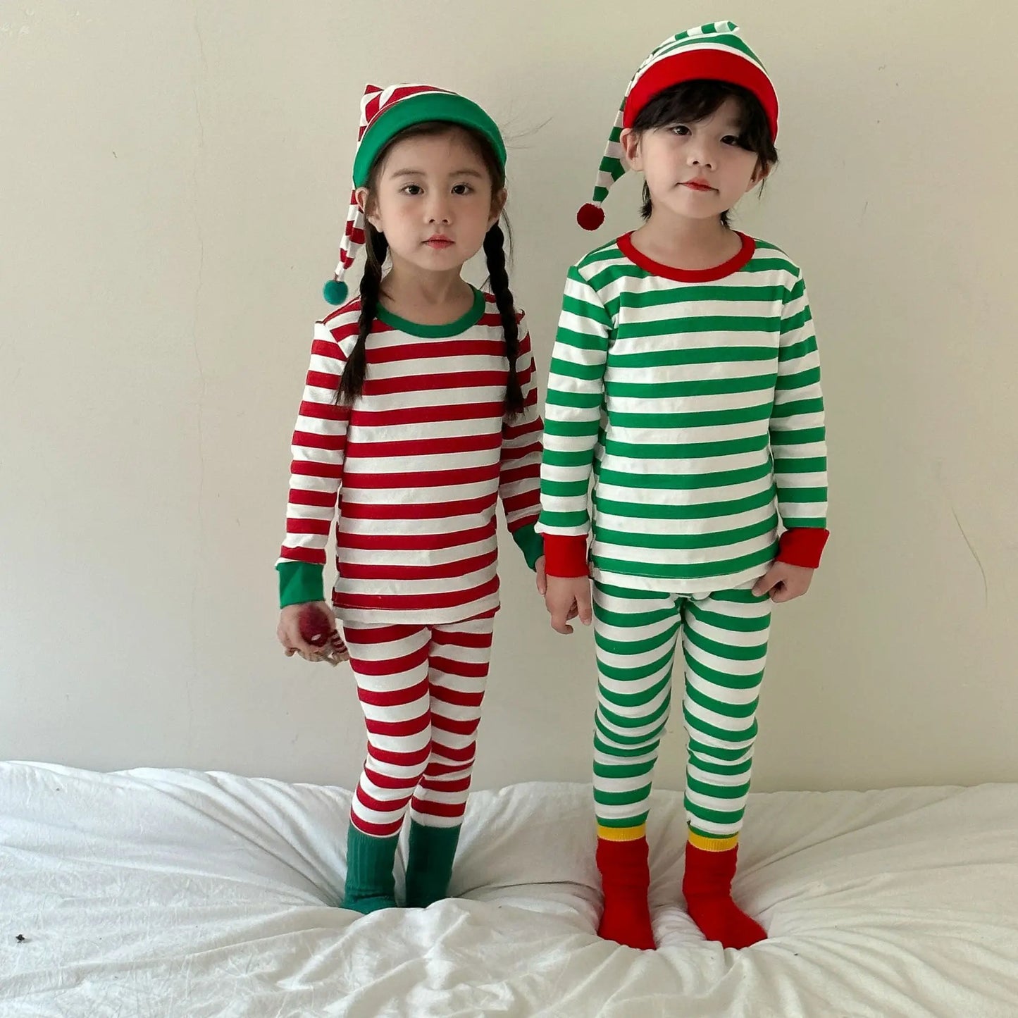 Autumn Winter Kids Girls Christmas Thermal Underwear Baby 2PCS Pajamas Set Cotton Striped Children Girls Homewears With Hat ShopOnlyDeal