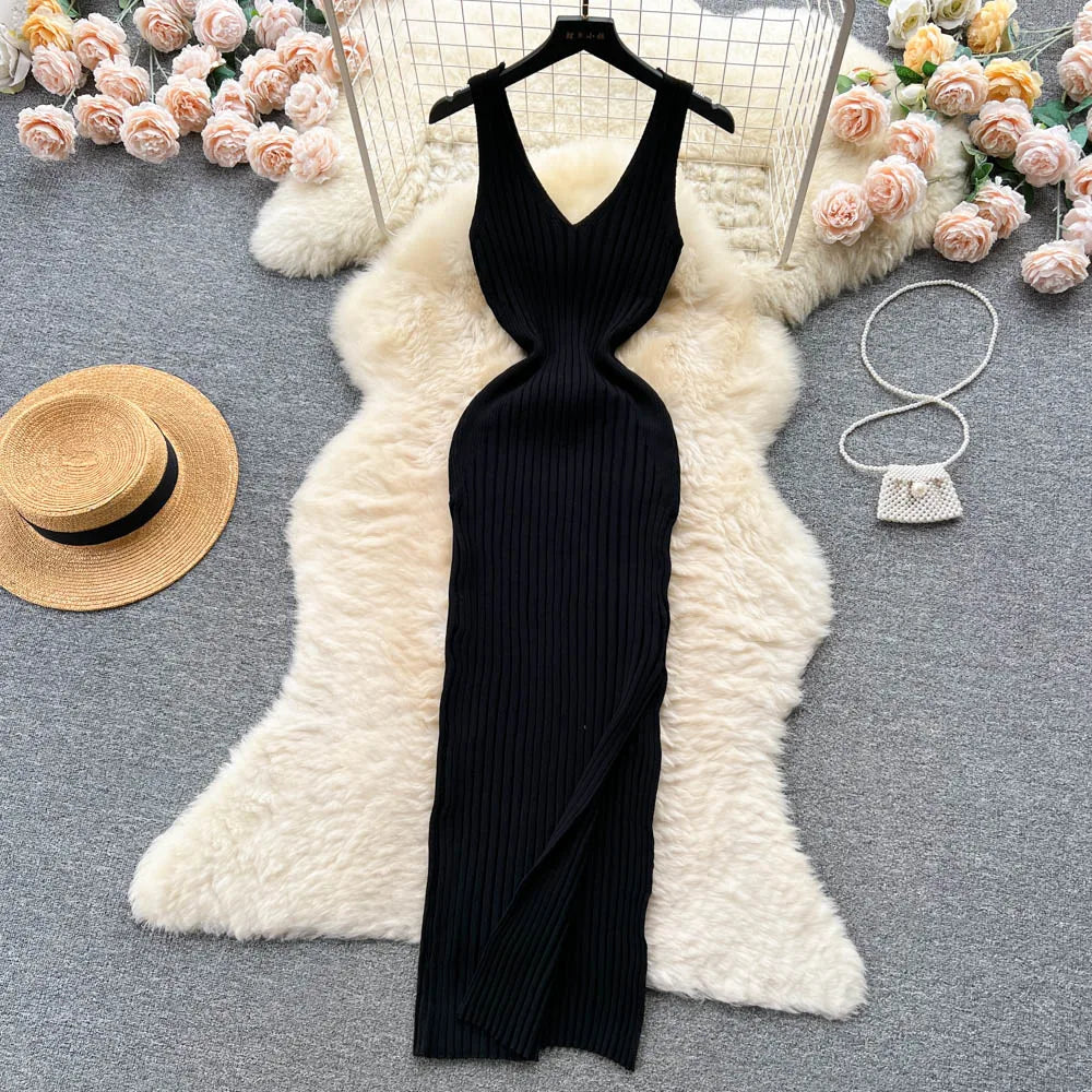 Chic Fashion Sexy Wrap Hips Split Knitted Autumn Dress Women Slim Elastic Bodycon Long Dress Streetwear Outfits Vestido ShopOnlyDeal