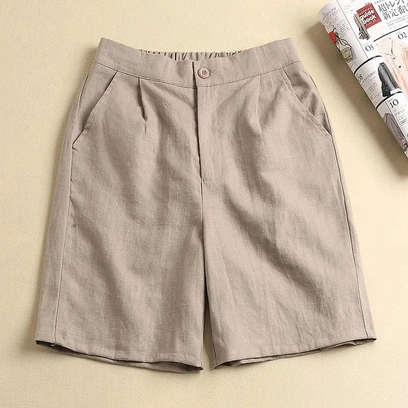 Casual Linen Cotton Elastic High Waist Wide Leg Button Loose Women's Shorts | Korean Fashion Summer Shorts Women 2024 ShopOnlyDeal