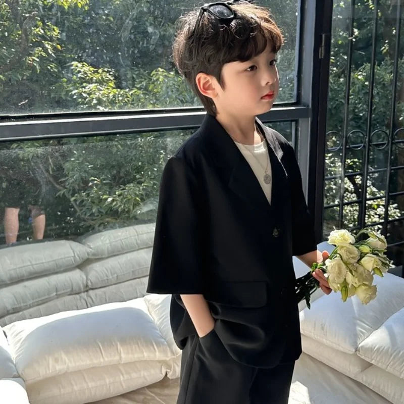 Boys' Blazer Suit Set | Thin Casual Korean-Style | Black Short Sleeve Coat + Shorts | High-Quality 2-Piece Ensemble ShopOnlyDeal