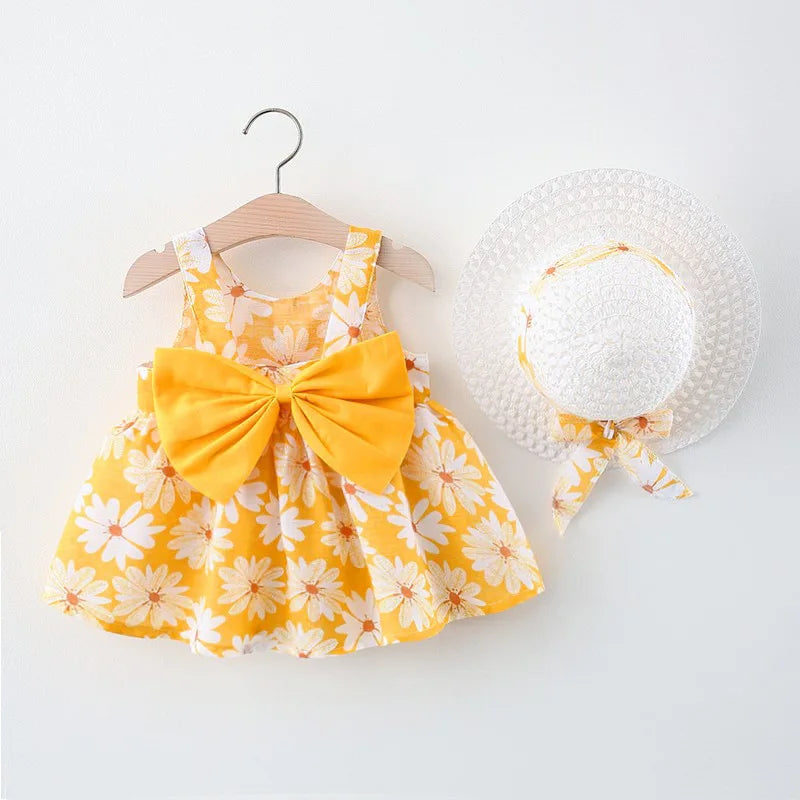 Summer New Baby Dress Small Daisy Cotton Princess Dress Big Bow Sling Children's Clothing Gift Hat ShopOnlyDeal