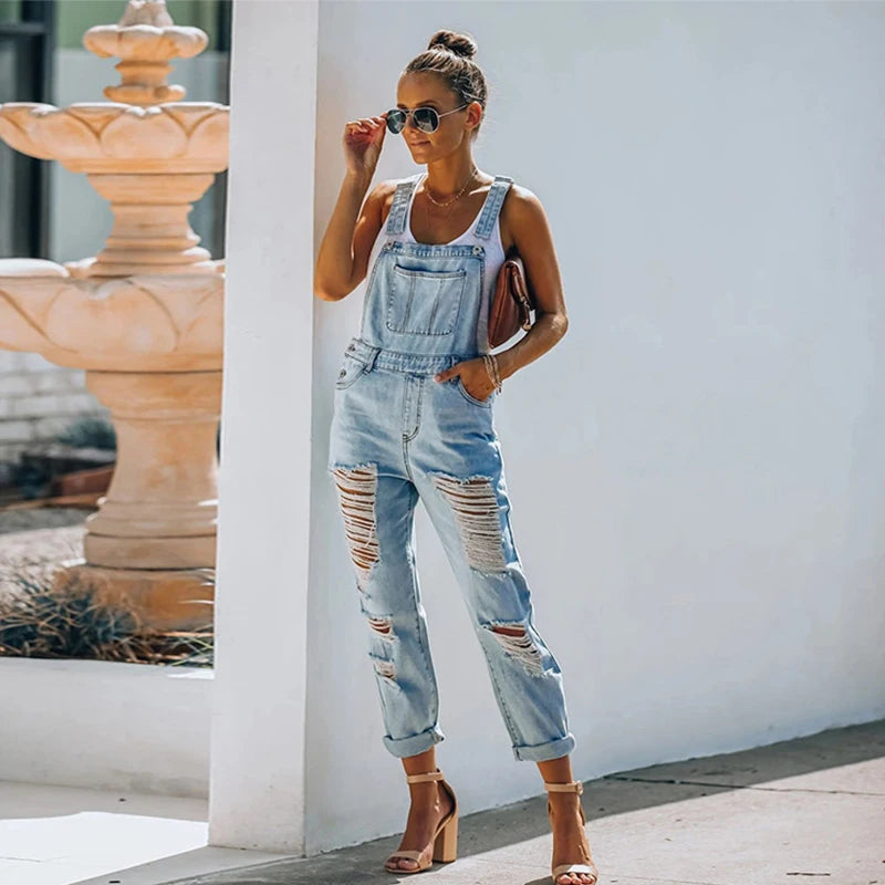 Women's Ripped Denim Jumpsuit | Fashion Slouchy Loose Pocket Slim Solid Color Blue Strap Jeans Trousers ShopOnlyDeal