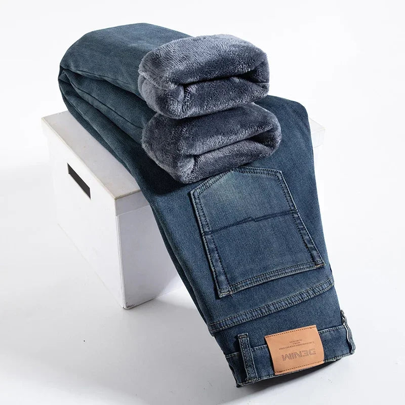 2023 New Winter Men's Fleece Warm Straight Jeans Fashionable Casual Loose Soft Fabric Pants Denim Thickened Stretch Trousers ShopOnlyDeal