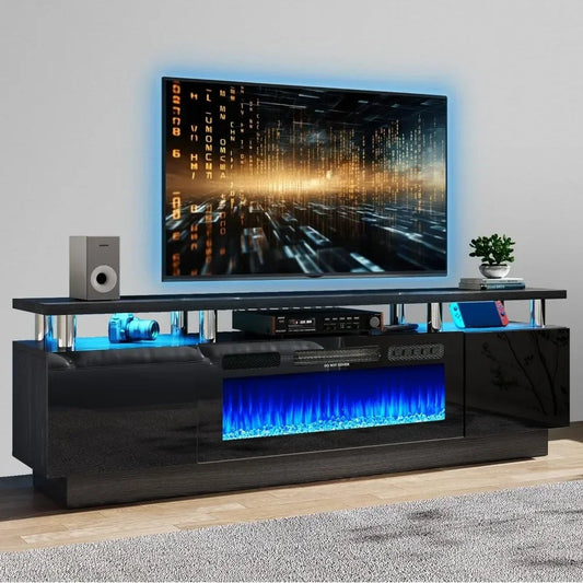 Fireplace TV Stand with 36" Electric Fireplace, LED Light Entertainment Center, 2 Tier Console Stand for TVs Up to 80", Black ShopOnlyDeal